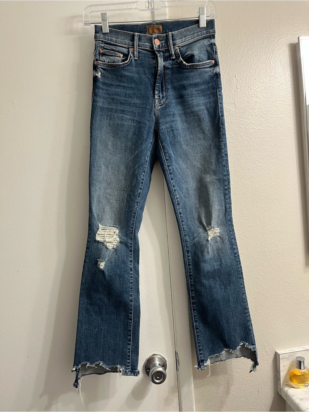 MOTHER Dark Blue Distressed Flare Jeans